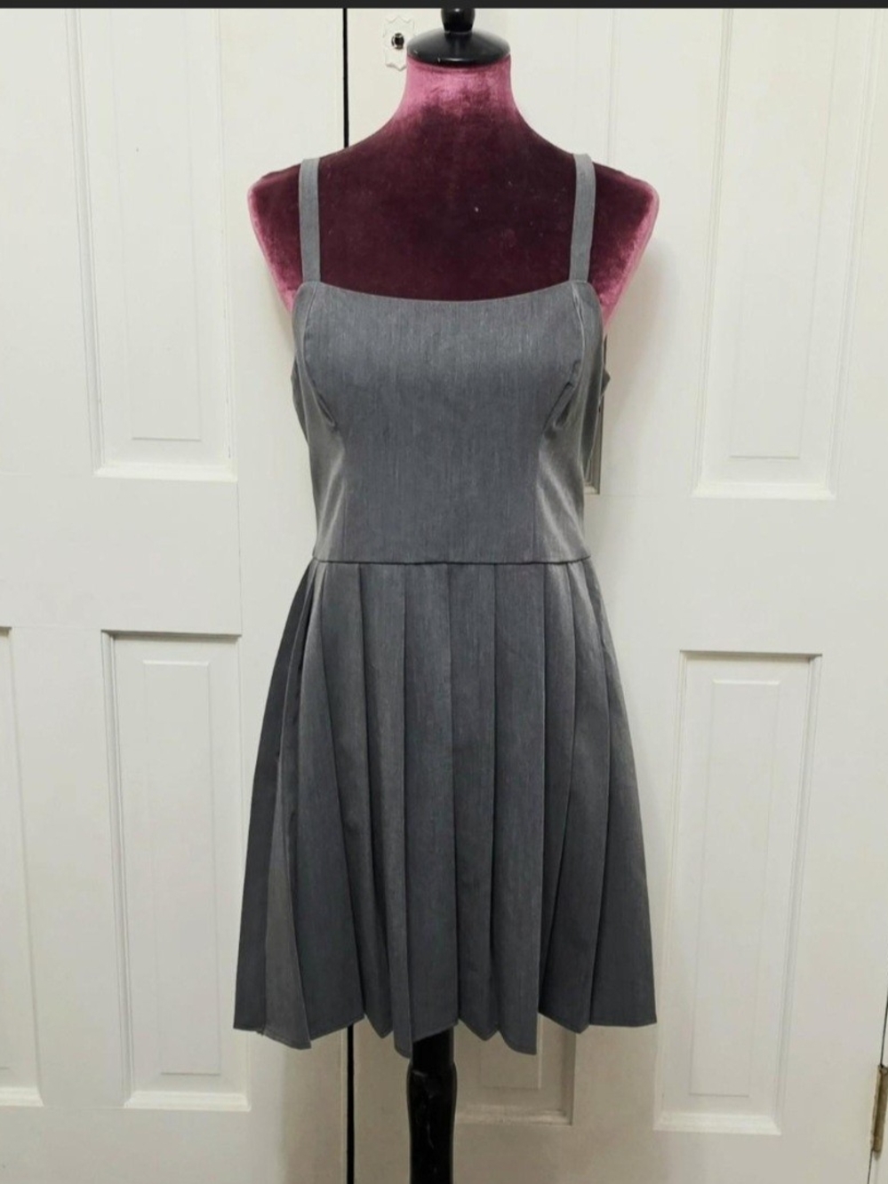 Chic Gray Pleated Mini Dress with Spaghetti Straps